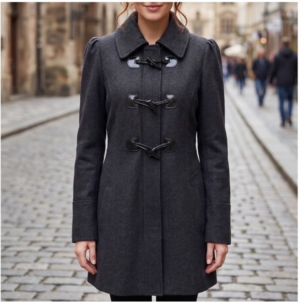 Guess Wool Blend Duffle Coat Women Size M Charcoal Gray Toggle Zip 22SN01037